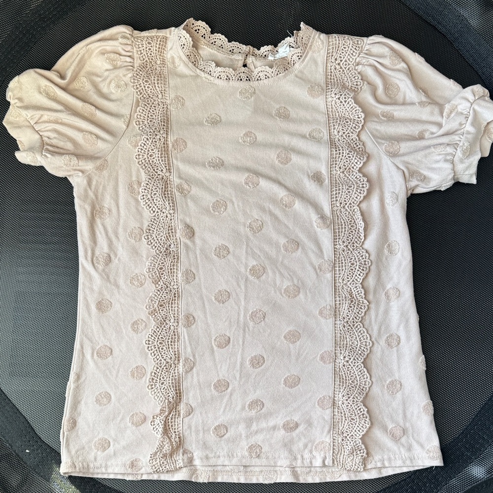 Cream Lace Trim Women's Top with polka dot pattern. Women’s large